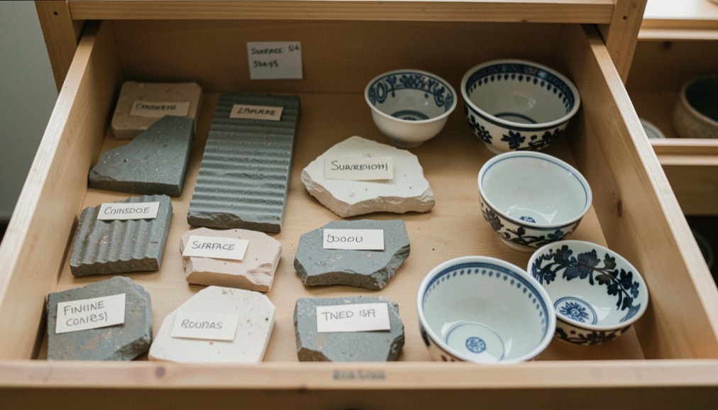 A ceramic sherd resting on a padded lab table under a raking desk lamp, with a scale bar and a pencil outline of its rim curve drawn on tracing paper beside it, shot from directly above.