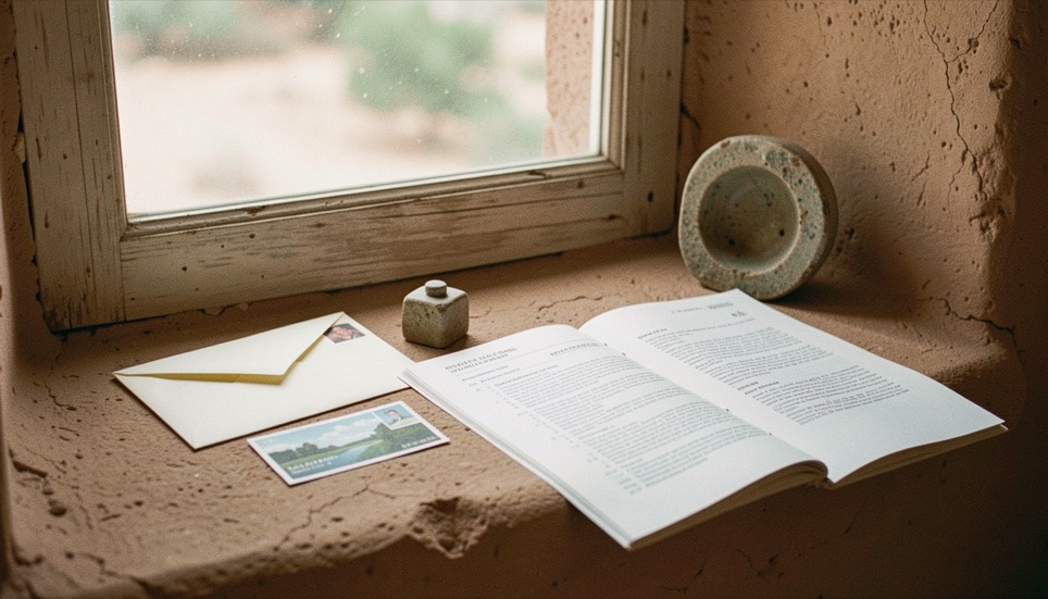 Envelope and postcard beside a stone paperweight and an open site report on a sunlit adobe window ledge