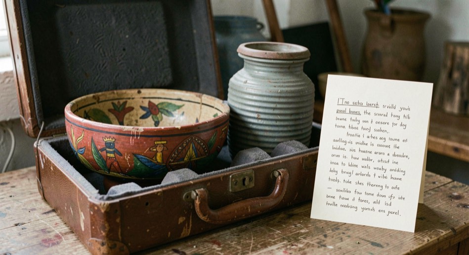 A flat painted stone disc and two short cane dice resting on a plain gray museum shelf, lit from the left by a single soft lamp, photographed close with the disc in sharp focus and the shelf edge visible behind.