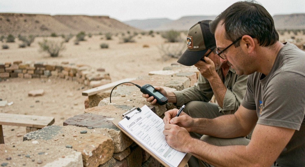 A field archaeologist kneeling on dry sandstone pavement at midday, holding a printed satellite image beside a GPS unit, with a low masonry wall visible in the foreground and open sagebrush country behind.