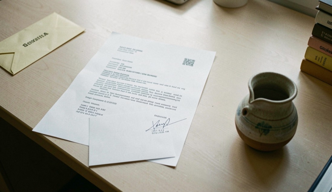 Clean desk with a single unsigned contract page and a small pottery reproduction beside an unbranded envelope under soft light