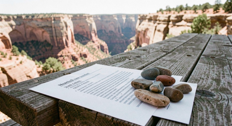 Printed terms page weighted by river stones on a picnic table overlooking a sandstone canyon in flat midday light